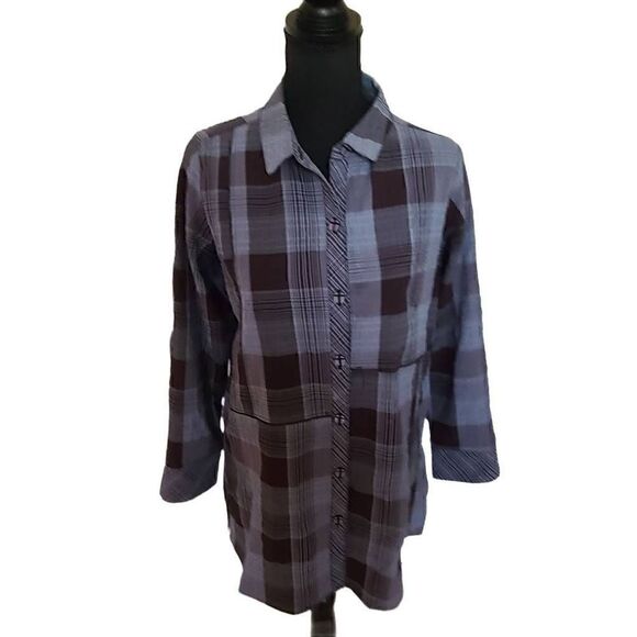 Habitat Tops - Habitat Womens Button Front Blue Black Plaid Tunic Small